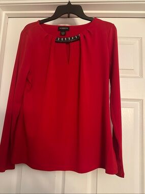 Liz Claiborne Red Long-Sleeve Blouse with Jeweled Neckline